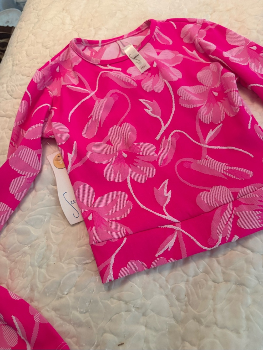 Seea rash guard Hot Pink Floral Swim Top and 2 tone bottoms small